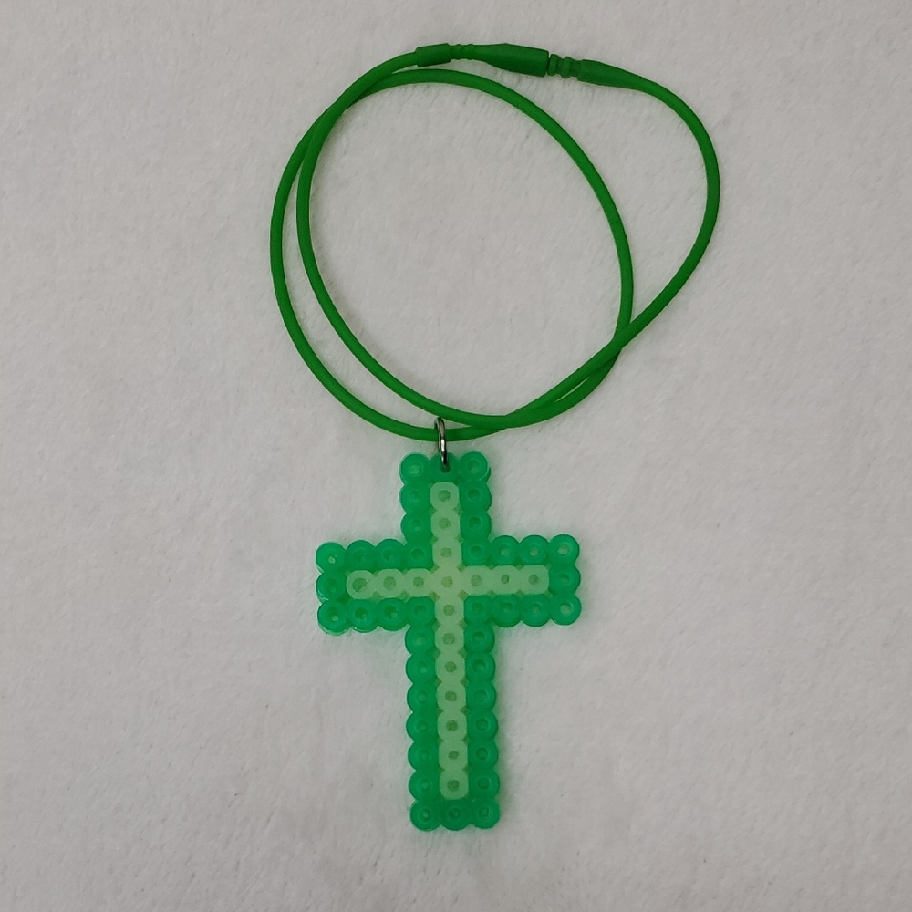 Green Perler Bead Cross Necklace Glow-In-The-Dark Necklace Backpack Charm